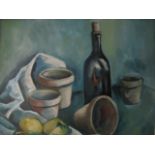 STILL LIFE BOTTLE FRUIT AND POTS ON A TABLE Oil on Canvas Monogrammed Lower Right 41cm x 49cm