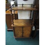 A WALNUT AND MARQUETRY INLAID TWO TIER ETEGRE the rectangular top with three quarter brass gallery