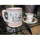 A CROWN DERBY CUP AND SAUCER together with a crackle ware mug embossed with figures