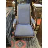 A VICTORIAN MAHOGANY RECLINING ARMCHAIR the rectangular upholstered back with scrolled arms close