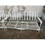 A THREE PIECE WHITE PAINTED GARDEN SUITE COMPRISING OF A GARDEN BENCH with slat back and seat with