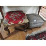 A MAHOGANY FRAMED FOOT STOOL with tapestry upholstered top together with a modern example (2)