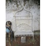 A CREAM PAINTED WROUGHT IRON PAGODA SHAPED GARDEN SEAT 212cm x 111cm x 45cm