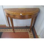 A GEORGIAN STYLE MAHOGANY AND MARQUETRY INLAID DEMI LUNE SIDE TABLE top decorated with fleur dy lys