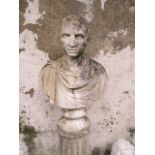 A LIMESTONE BUST OF A ROMAN MALE on a circular socle with fluted column stone base 174cm high