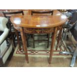 A PAIR OF GEORGIAN STYLE KINGS WOOD AND MARQUETRY INLAID HALF MOON TABLES the top decorated with a