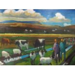 MICHAEL O'NEILL Cattle in a landscape with figures Oil on Board Signed Lower Right 43cm x 58cm