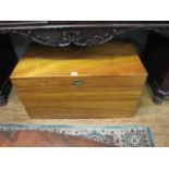 A 19TH CENTURY CAMPHOR WOOD CHEST of rectangular form with brass carrying handles and flush brass