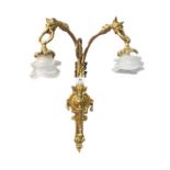 A PAIR OF GILT BRASS TWO BRANCH WALL LIGHT with glass shades