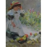 GUSU PULLETES Victorian Girl with Hens and Chicks Signed Lower Left Oil on Board Details Verso 39cm