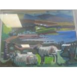 MICHAEL O'NEILL Coastal Inlet with Grazing Rams Signed Lower Left Oil on Board 38cm x 49cm