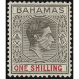 Bahamas. 1941 1/- grey and scarlet on thin striated paper, fine mounted mint. SG 155a (£900)/CW 15a