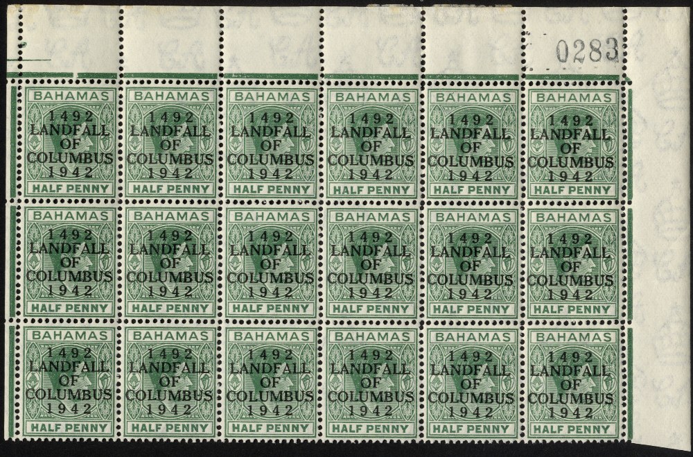 Bahamas. 1942 Landfall ½d top three rows of RP, R1/5 'accent' flaw and 2/6 bulge on frame (fully