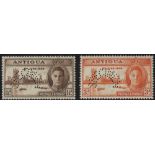 Antigua. 1946 Victory pair perforated SPECIMEN Type D21, unmounted mint. SG 110s-111s (£90)/CW SP