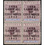 Bahamas. 1942 5/- Landfall ordinary paper unmounted mint block of four, lower right stamp with R2/