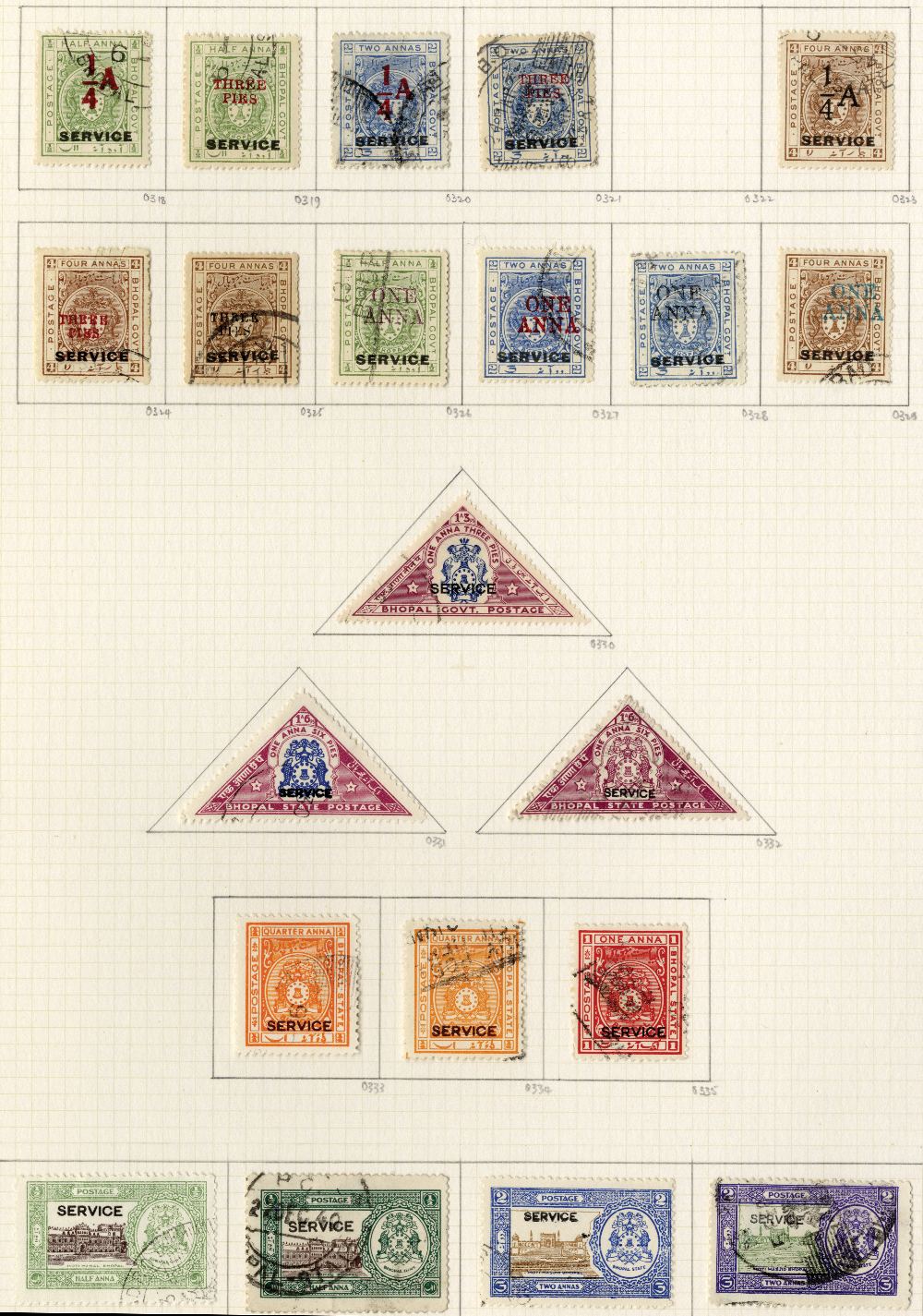 Indian Feudatory States. Bhopal - Rajasthan used collection on Philatelic leaves with Bhopal (38),