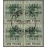 Bahamas. 1942 £1 Landfall on chalky paper block of four, full Nassau First Day CDS, full gum so fine