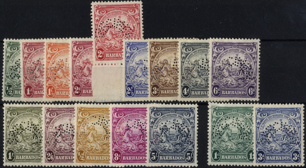 Barbados. 1938-46 set of sixteen perforated SPECIMEN Type D20 or D21, mint, fine except 1d green