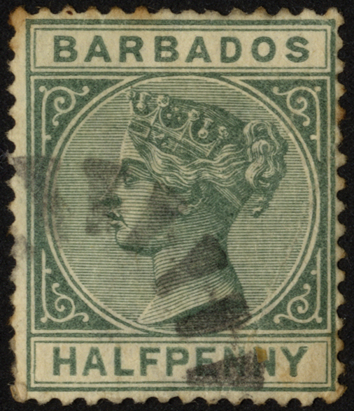 Barbados. 1882 ½d dull green, used with part 'bootheel' cancel, inverted watermark. Some foxing