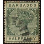 Barbados. 1882 ½d dull green, used with part 'bootheel' cancel, inverted watermark. Some foxing