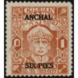 Indian Feudatory States. Cochin. 1942 ANCHAL/SIX PIES (small ANCHAL) on 1a brown-orange, lightly