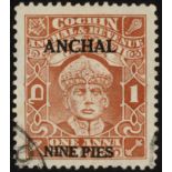 Indian Feudatory States. Cochin. 1942 ANCHAL/NINE PIES (large ANCHAL) on 1a brown-orange, fine used.