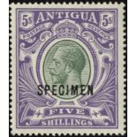 Antigua. 1913 5/- green and violet overprinted SPECIMEN Type D12a, unmounted mint. SG 51s (£90)