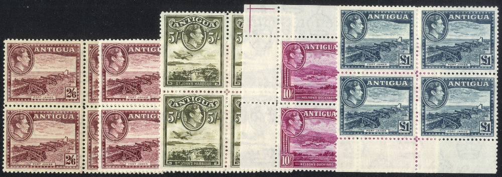 Antigua. 1938-51 definitive unmounted mint blocks of four (32 blocks) with a range of shades and