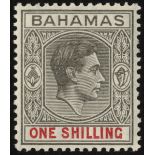 Bahamas. 1941 1/- grey and scarlet on thin striated paper, fine unmounted mint. SG 155a (£900)/CW