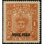 Indian Feudatory States. Cochin. 1949 9p on 1a brown-orange, fine unused. SG 128 (£160)/CW 84