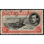 Ascension. 1949 1½d black and vermilion perf 14, fine used with R5/1 'davit' flaw. Scarce. SG