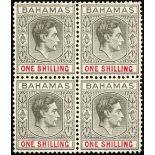 Bahamas. 1938 1/- grey-black and carmine on thick paper. An unmounted mint, well centred block of