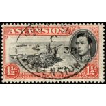 Ascension. 1938 1½d black and vermilion, perf 13½, used with R5/1 'davit' flaw. Oval reg. cancel