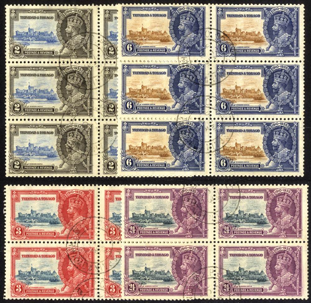 Trinidad & Tobago. 1935 Silver Jubilee set of four in blocks of four (3ct, 24ct) or six (2ct,