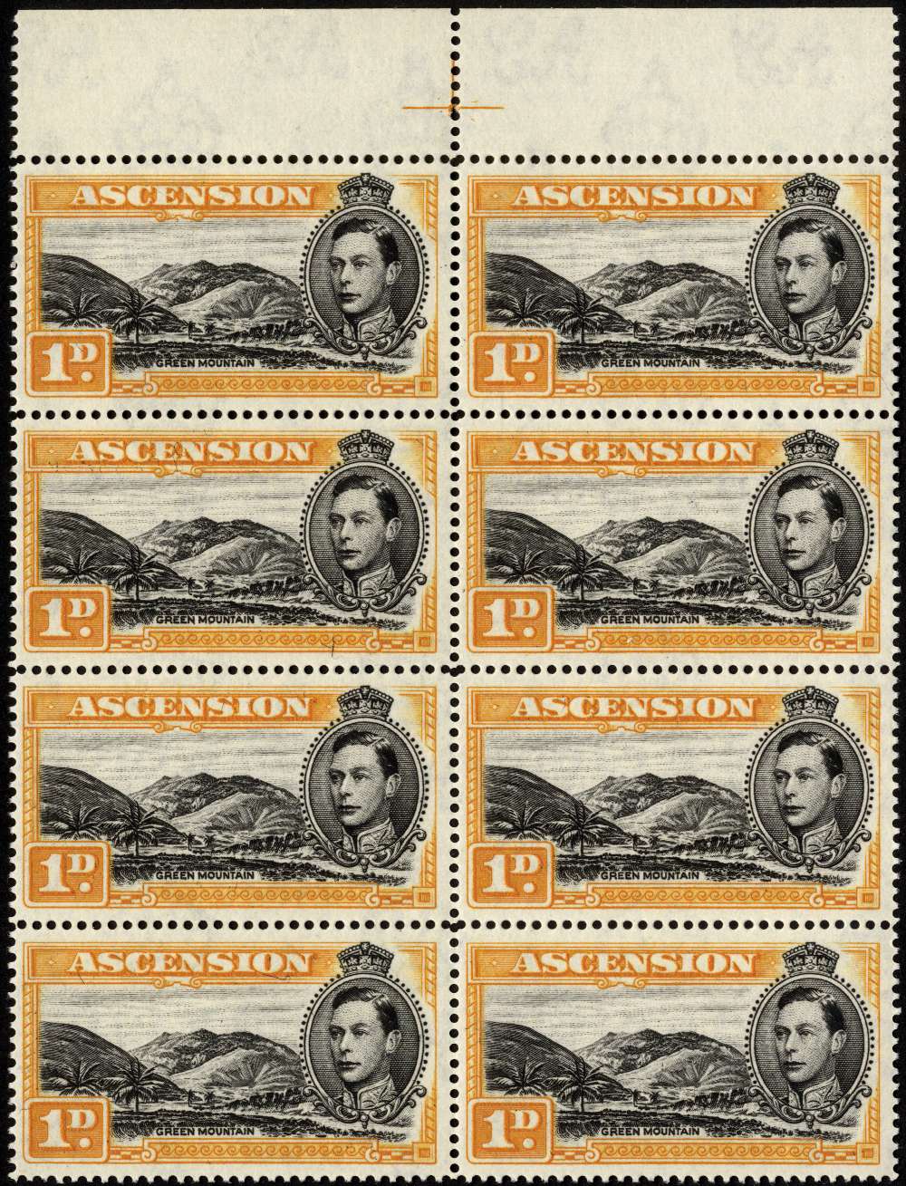 Ascension. 1949 1d black and yellow-orange perf 14. Unmounted mint positional block of eight, R4/