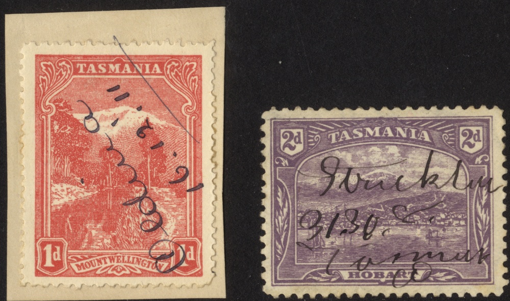 Australia. Tasmania. 1905-11 1d and 2d with manuscript cancels. The 1d on piece with 'Medina 16.12.