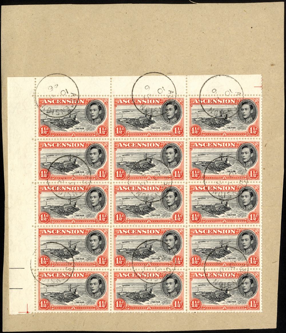 Ascension. 1944 printing of 1½d black and vermilion, perf 13. A CTO-used corner block of fifteen
