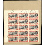 Ascension. 1944 printing of 1½d black and vermilion, perf 13. A CTO-used corner block of fifteen