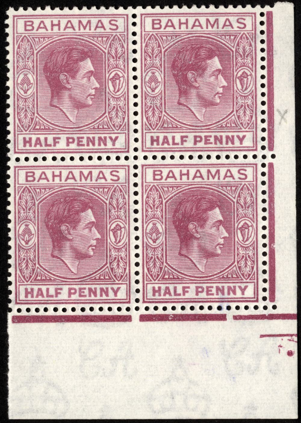 Bahamas. 1952 ½d brown-purple unmounted mint corner block of four, R9/6 LP long 'E'. SG 149ec (£