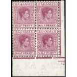 Bahamas. 1952 ½d brown-purple unmounted mint corner block of four, R9/6 LP long 'E'. SG 149ec (£