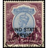 Indian Convention States. Jind Officials. 1929 5r ultramarine and purple, used with part SANGRUR