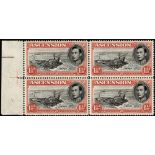 Ascension. 1949 1½d black and vermilion perf 14, unmounted mint positional block of four with R5/