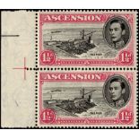 Ascension. 1949 1½d black and rose-carmine perf 14, positional pair with R5/1 'davit' flaw. SG