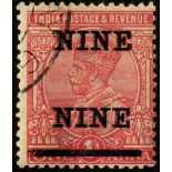 India. 1921 9p on 1a rose-carmine, used with 'NINE NINE' error. SG 192a (£300)