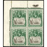 Ascension. 1933 1d grey-black and bright blue-green Plate block of four, R2/1 'broken mainmast'.