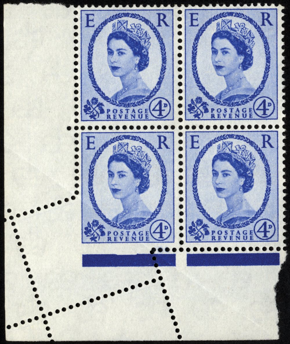 Great Britain. 1958-65 4d Wilding watermark Crowns, unmounted mint block of four with good misperf