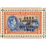 Bahamas. 1942 Landfall 4d light blue and red-orange. Unmounted mint top half-sheet of thirty, R5/2