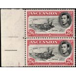 Ascension. 1945 printing of the 2/6d perf 13 in an unmounted mint marginal vertical pair, R5/1 '