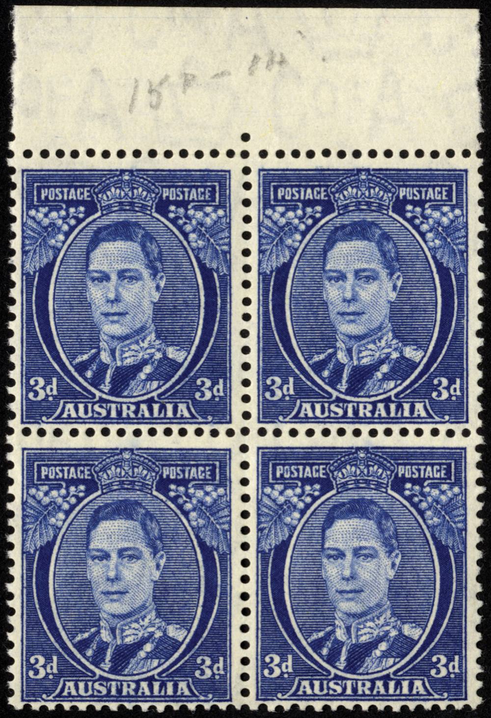 Australia. 1940 3d bright blue, perf 15 x 14, unmounted mint top marginal block of four. SG 186 (£