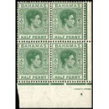 Bahamas. 1938-42 ½d green corner block of four, R9/6 LP long 'E'. SG 149a (£180)/CW 1c